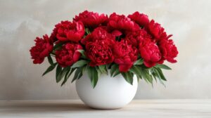 Red peonies flower arrangement white vase