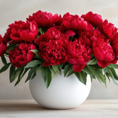 Red peonies flower arrangement white vase