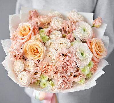 Peach and white roses hand tied bouquet