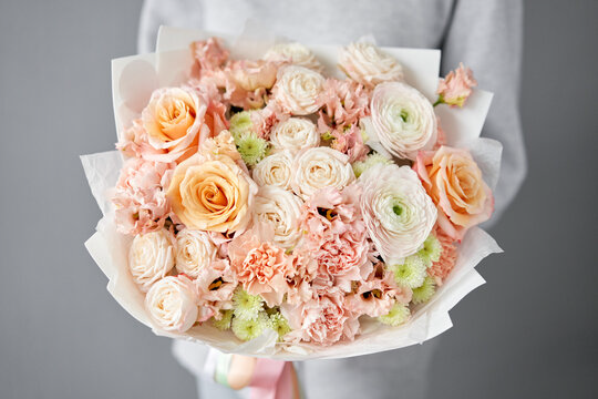 Peach and white roses hand tied bouquet