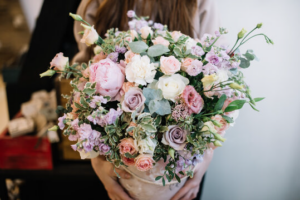 Colorful purple pink tied bouquet
